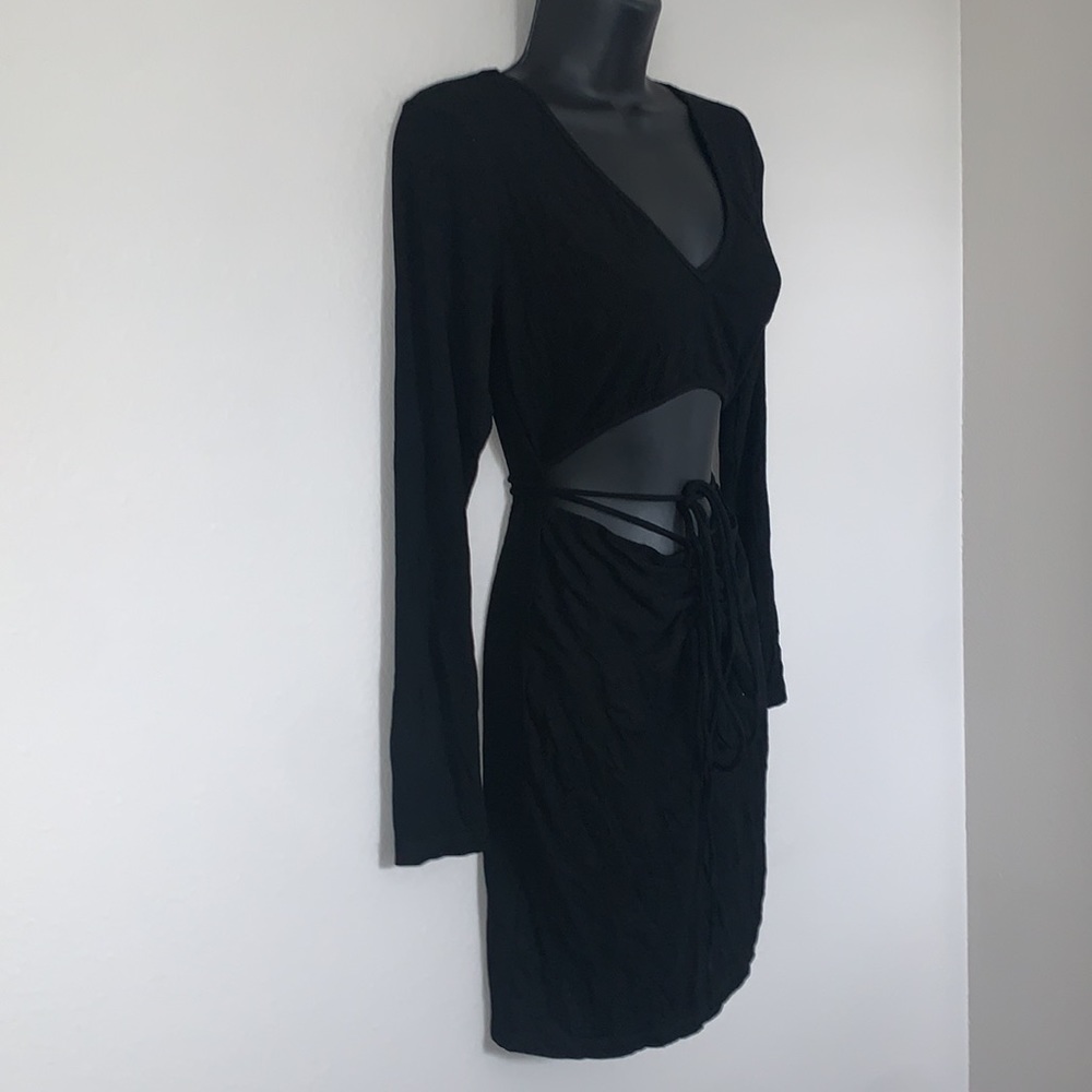 Princess Polly Noa Black Long Sleeve Ribbed Cut Out Criss Cross Tie Mini Dress - Picture 8 of 13